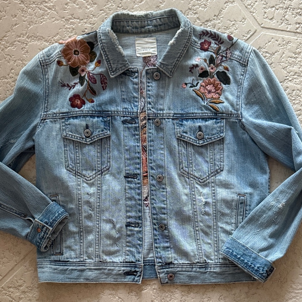 American Eagle Outfitters Blue Denim Jacket with Floral Embroidery